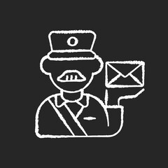 Postman chalk white icon on black background. Professional mailman, mail deliverer. Postal service, courier delivery. Post office worker holding envelope isolated vector chalkboard illustration