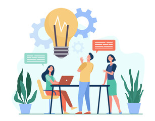 Colleagues sharing thoughts and ideas flat vector illustration. Cartoon employees thinking about company project or startup in team. Brainstorm, skill and teamwork concept