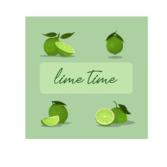 a set of green limes in different positions, whole and half limes. citrus vitamin fruit set