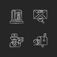 Courier delivery chalk white icons set on black background. Professional mailman, letter zip code, parcel post and mailbox. Express postal services. Isolated vector chalkboard illustrations