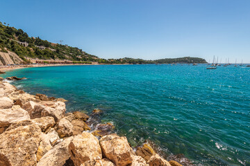 The rock at the beach of sea in Villefranche, France.