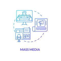 Mass media concept icon. Communication channels. Watching live television. Hot news from journals and newspapers idea thin line illustration. Vector isolated outline RGB color drawing
