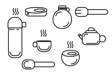 hot drinks icons set kettle, thermos, utensils