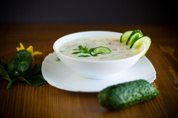 summer cucumber soup with vegetables on a wooden table