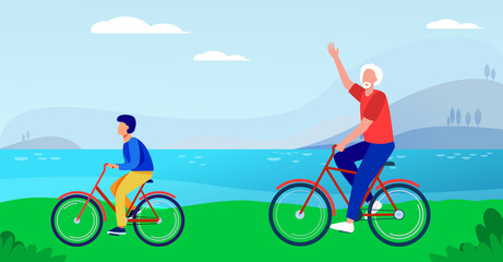 Fototapeta premium Active grandfather and grandson riding bikes together. Old man and boy cycling outdoors flat vector illustration. Lifestyle, activity, family concept for banner, website design or landing web page