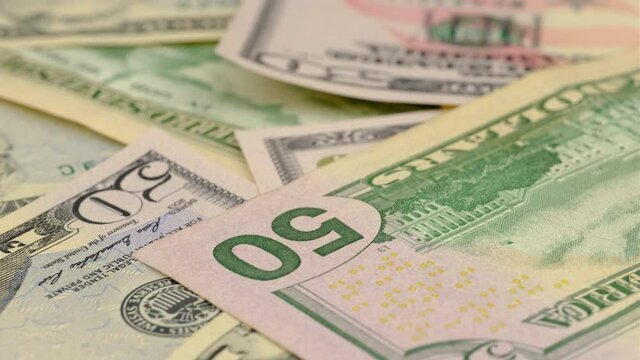 Dollar banknotes macro background. 50 American dollars closeup details of both sides.