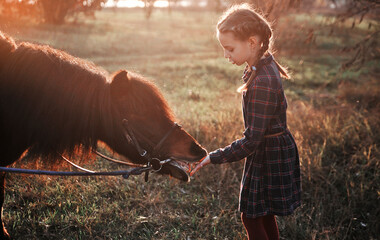 Little girl plays with horse in forest.
