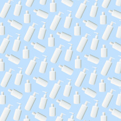 Fototapeta na wymiar Pattern of cosmetic package. Set of blank templates of empty and clean white plastic containers isolated on light blue background: bottles with spray, dispenser and tube