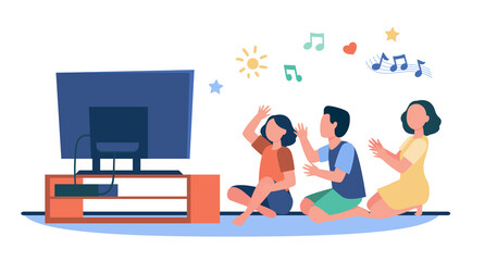 Happy people sitting on floor and listening music channel. TV, home, friend flat vector illustration. Leisure and entertainment concept for banner, website design or landing web page