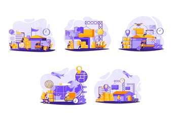 Naklejka premium Warehouse storage and shipping logistics. Storage and transportation cargo, delivery and shipping illustration. Vector illustration