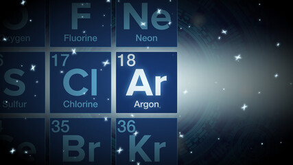 Close up of the Argon symbol in the periodic table, tech space environment. - obrazy, fototapety, plakaty