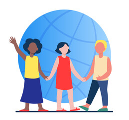 Obraz premium Multiethnic kids holding hands. Globe in background. World, multinational, friend flat vector illustration. Diversity and nations concept for banner, website design or landing web page