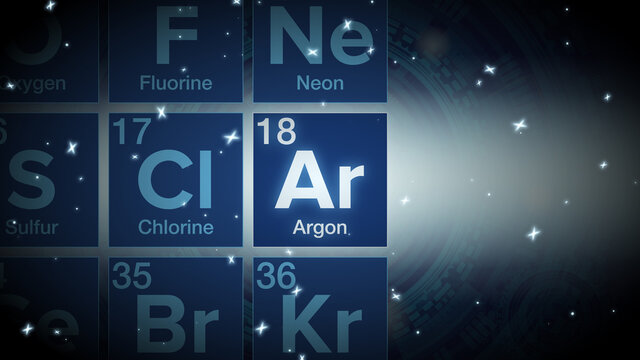 Close up of the Argon symbol in the periodic table, tech space environment.