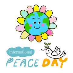 international world peace day with smiling flower world with the dove symbol of peace hand drawn cartoon vector