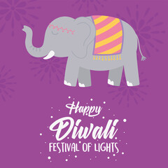 happy diwali festival, greeting card with elephant sacred animal poster vector design