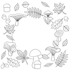 Frame with mushrooms and autumn leaves, coloring page