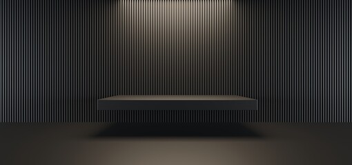 Luxury parametric abstract architectural minimalistic background. Contemporary showroom. Modern black exhibition tunnel. Empty gallery. Stand, table. Interior backlight. 3D illustration and rendering.