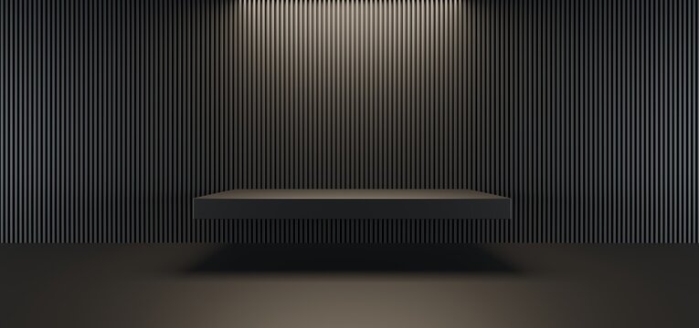 Luxury parametric abstract architectural minimalistic background. Contemporary showroom. Modern black exhibition tunnel. Empty gallery. Stand, table. Interior backlight. 3D illustration and rendering.
