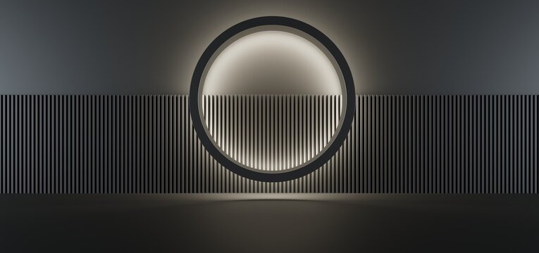 Luxury parametric abstract architectural minimalistic background. Contemporary showroom. Modern black exhibition tunnel. Empty gallery. Stand, table. Interior backlight. 3D illustration and rendering.