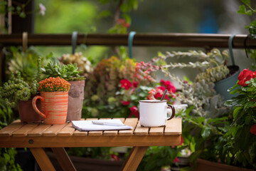 City balcony with vintage accessories beautiful succulents. Morning coffee on the terrace, home office.