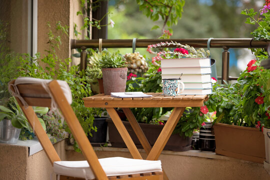 Beautiful terrace with library. Coffee on the terrace, reading books and relaxing.