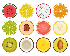 Fruit slices icons isolated on white background. Vector illustration of lemon, watermelon, dragon fruit, orange, lime, peach, grapefruit, banana, kiwi, coconut, pineapple and plum slices