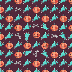A pattern on a Halloween theme in which the severed hand of a zombie, bones, pumpkin