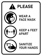 Vertical Instruction Signboard with Basic Set of Measures against the Spread of Coronavirus Covid-19, including Wear a Face Mask, Keep 6 Feet Apart and Sanitize Your Hands. Vector Image.