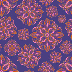 Vector seamless pattern colorful design of ornamental lined floral shapes