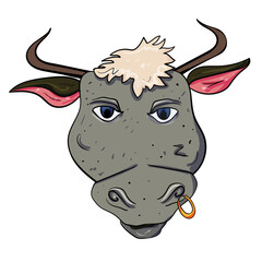 Cartoon illustration Bull head Hand drawn vector illustration.