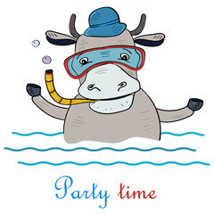 Scuba diving bull. Cute illustration. Hand drawn vector illustration.