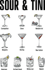 Drawn alcoholic cocktails for use in restaurant or cafe bar menu