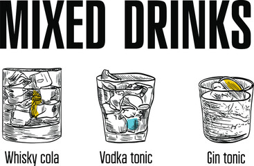 Drawn alcoholic delicious cocktails for use in bar charts for restaurants and bars