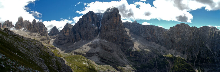 Fototapeta na wymiar Gardena Pass in Italy Dolomites Alps nice weather extra wide panorama