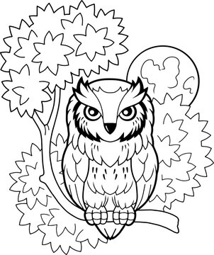 cartoon cute owl sitting on a branch, coloring book, funny illustration