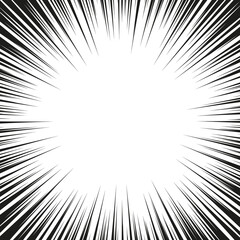 Abstract comic book flash explosion radial lines background. Vector illustration for superhero design. Bright black white light strip burst. Flash ray blast glow. Manga cartoon hero fight print stamp