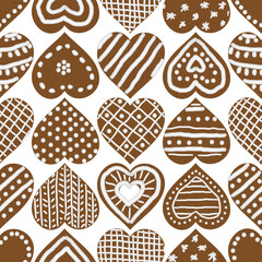 Christmas gingerbread heart shaped cookies seamless vector pattern. Festive surface print design with love symbols. For seasonal fabrics, stationery, scrapbook paper, gift wrap, textile, and packaging