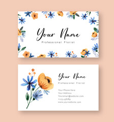 Fototapeta na wymiar Yellow and Blue Floral Watercolor Name Card Template