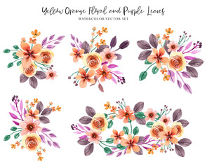 Fototapeta na wymiar Yellow Orange Floral and Purple Leaves Watercolor Vector set
