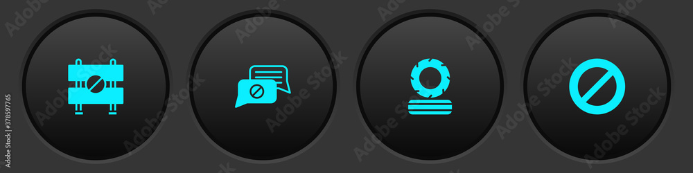 Sticker set road barrier, speech bubble chat, lying burning tires and ban icon. vector.