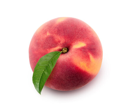 Peach With Leaf Isolated On White Background. Top View