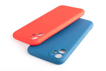 two silicone cases for smartphones, red and blue on a white background. mobile phone accessories