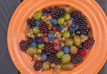 Mixed color garden fruit on wooden brown table and orange and green dish