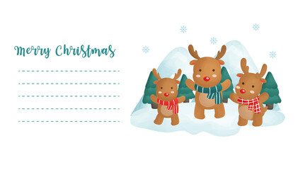Christmas postcard with cute reindeers in the snow forest for greeting card , new year card .