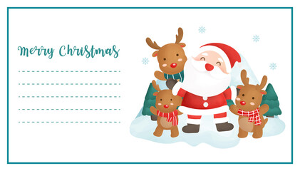 Christmas postcard with cute Santa clause and reindeers in the snow forest for greeting card , new year card .