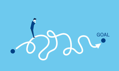 ビジネス、目標達成への複雑な道筋のイメージ、困るビジネスマンのイラスト
