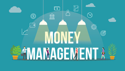 money management concept with team people and modern icon object modern flat