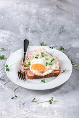 Hot toasts with fried eggs and herbs on light background