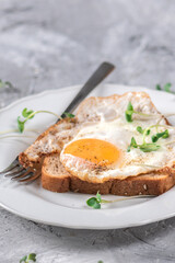 Hot toasts with fried eggs and herbs on light background