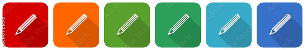 Poster Pencil icon set, flat design vector illustration in 6 colors options for webdesign and mobile applications